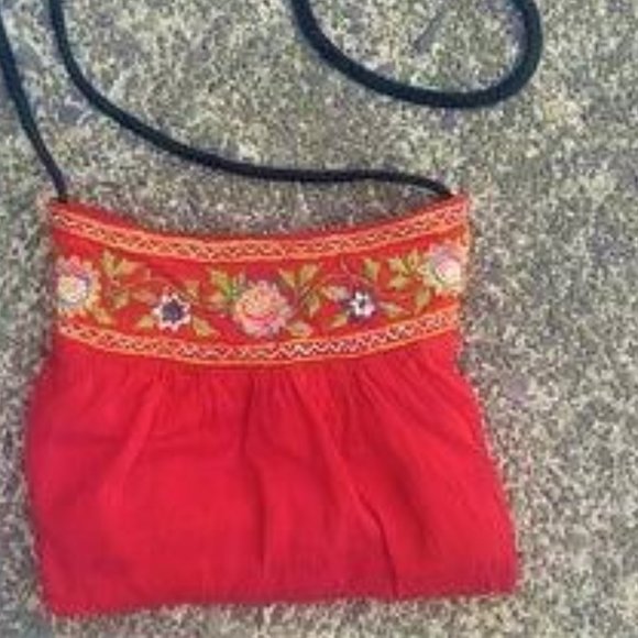 Red Orange Embroidered Crossbody Possibly Silk Boho Festival Gypsy Bag - Picture 4 of 6